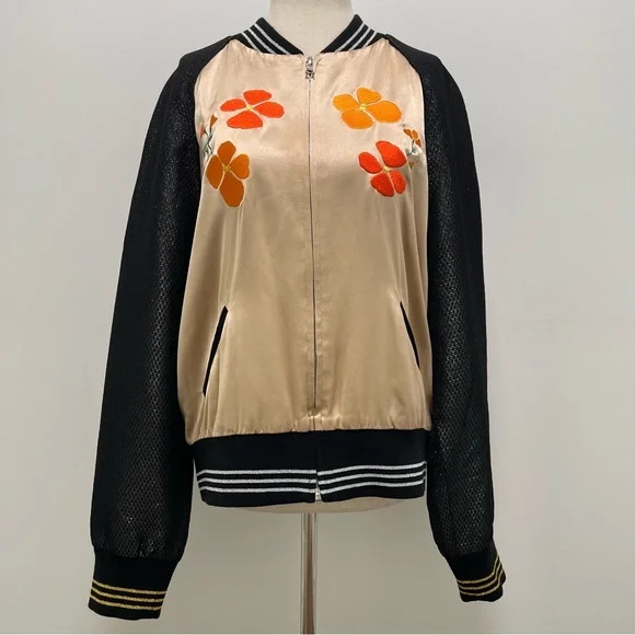 Rodarte Embroidered Flower Bomber Jacket, Black/Gold, X-Small, Small - Picture 2 of 14